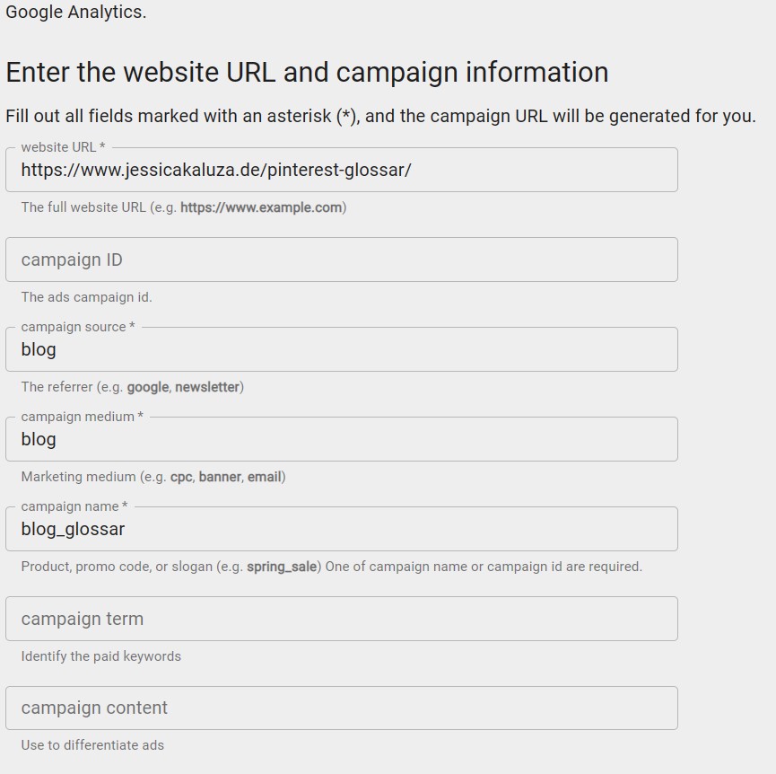 Muster für die Anlegung eines speziellen Links mit dem Pinterest Tool "Campaign URL Builder"