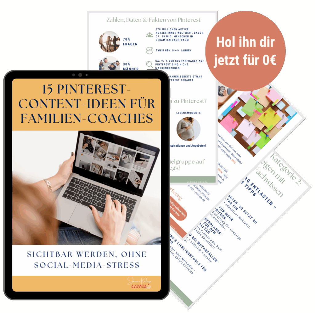 Titelbild mit Laptop von 0€ Produkt "15 Pinterest Content-Ideen für Familien-Coaches"